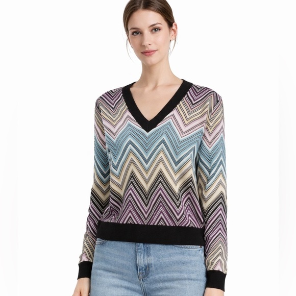 MINNIE ROSE Women's Chevron Cropped V Neck Pullover In Multi combo NEW